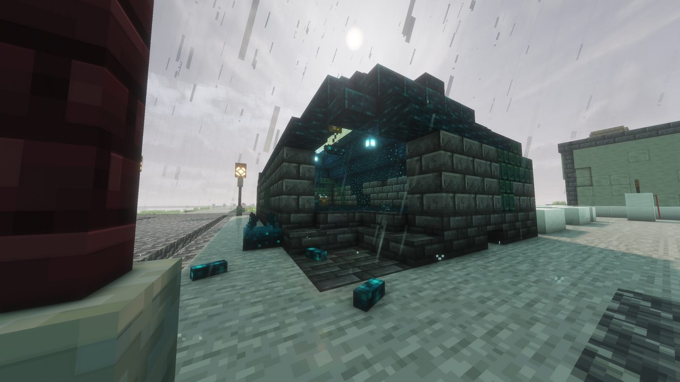 A geode-themed vault building in the rain